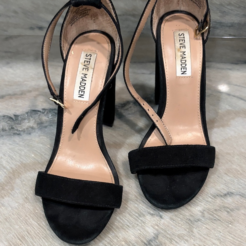 Steve Madden Black Suede Ankle Strap Block Heels